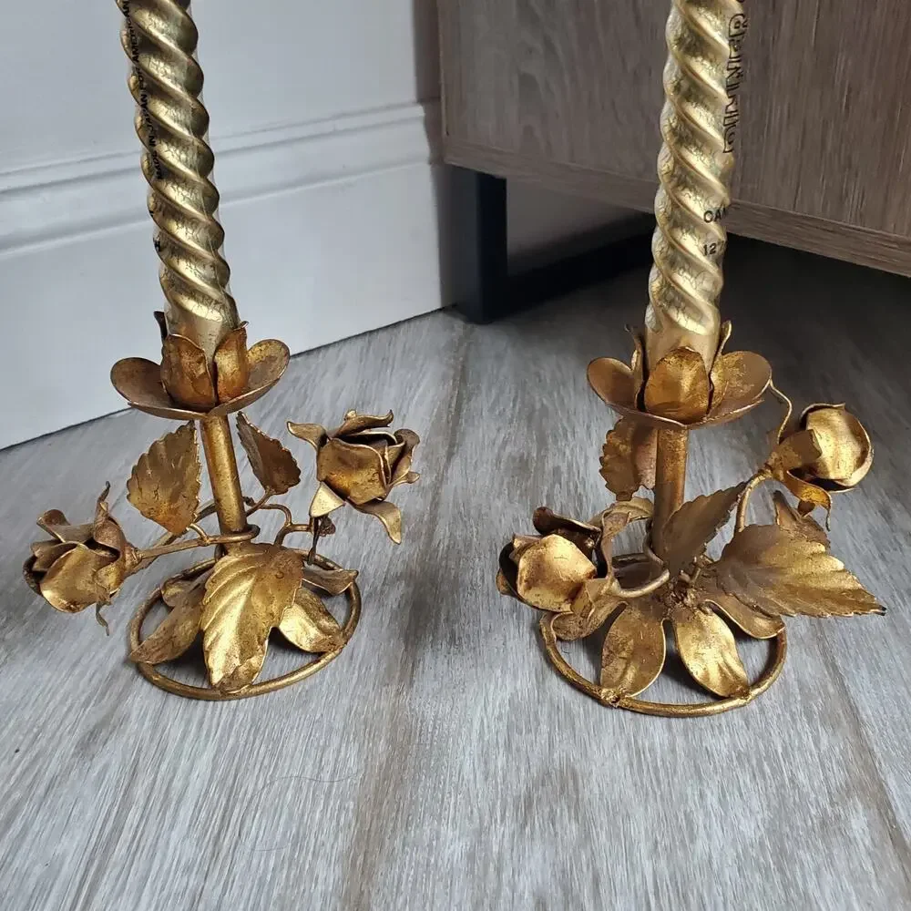 Hollywood Regency Italian Gilded Tole Candlesticks Candle Holders Set of 2